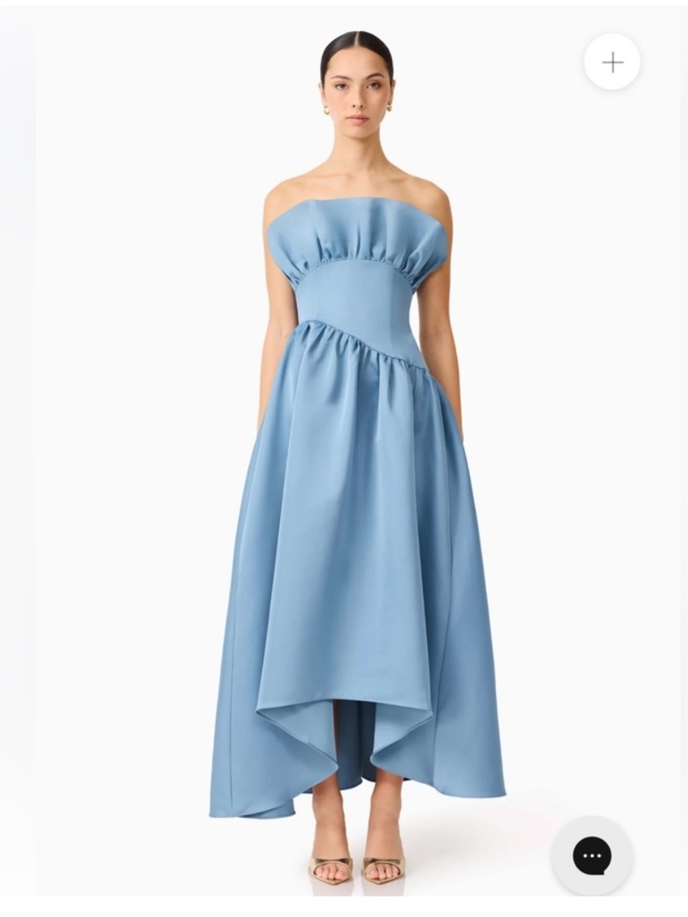 elliatt laurel blue satin ruffle bust boned strapless maxi gown dress small NEW